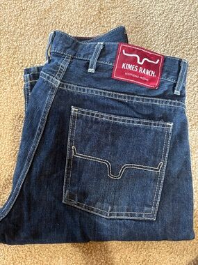 Kimes Ranch Men's Dark Indigo Straight Jeans with Red Patch